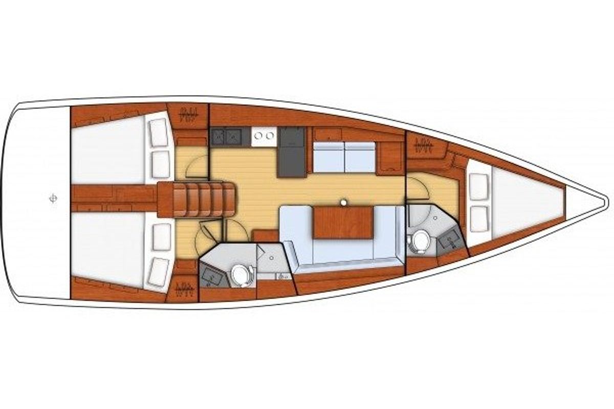Floor plan of Katalina, a Beneteau Oceanis 41 sailboat at es Jonquet, Spain