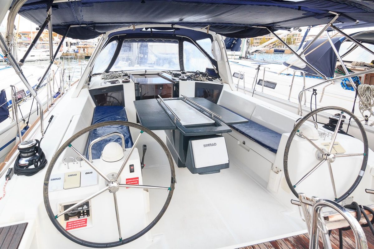 Cockpit of Katalina, a Beneteau Oceanis 41 sailboat at es Jonquet, Spain