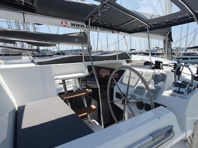 Cockpit of CRAZY DIAMOND, a Fountaine Pajot Astréa 42 catamaran at Seget Donji, Croatia