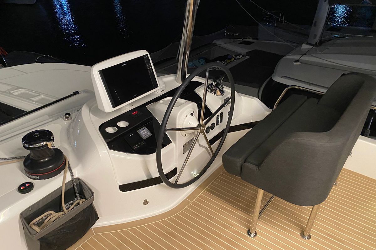 Cockpit of TriWing Carida, a Lagoon 55 catamaran at Grad Kaštela, Croatia