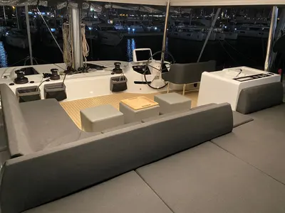 Cockpit of TriWing Carida, a Lagoon 55 catamaran at Grad Kaštela, Croatia