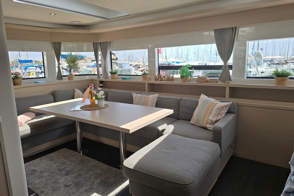 Salon of TriWing Carida, a Lagoon 55 catamaran at Grad Kaštela, Croatia