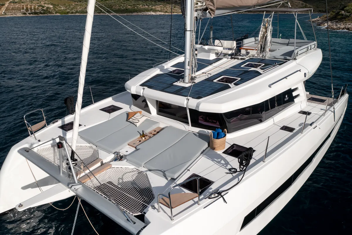 Exterior view of Dudu, a Cervetti 44 catamaran at Rodi Garganico, Italy