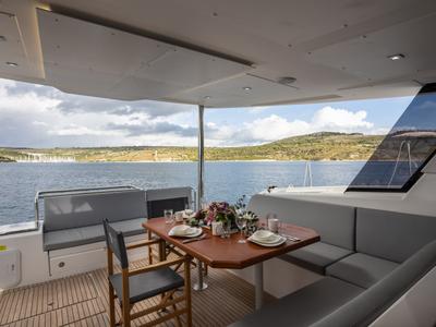 Cockpit of Dudu, a Cervetti 44 catamaran at Rodi Garganico, Italy