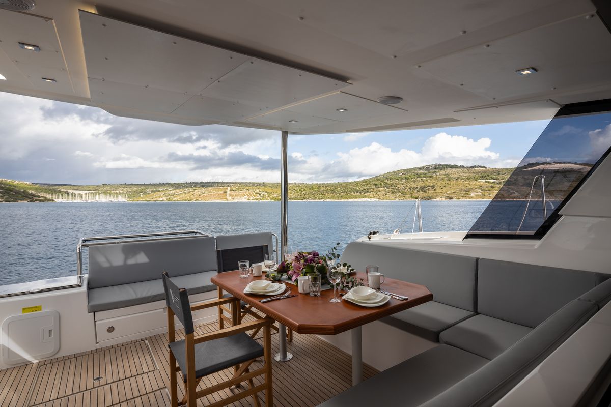 Cockpit of Dudu, a Cervetti 44 catamaran at Rodi Garganico, Italy