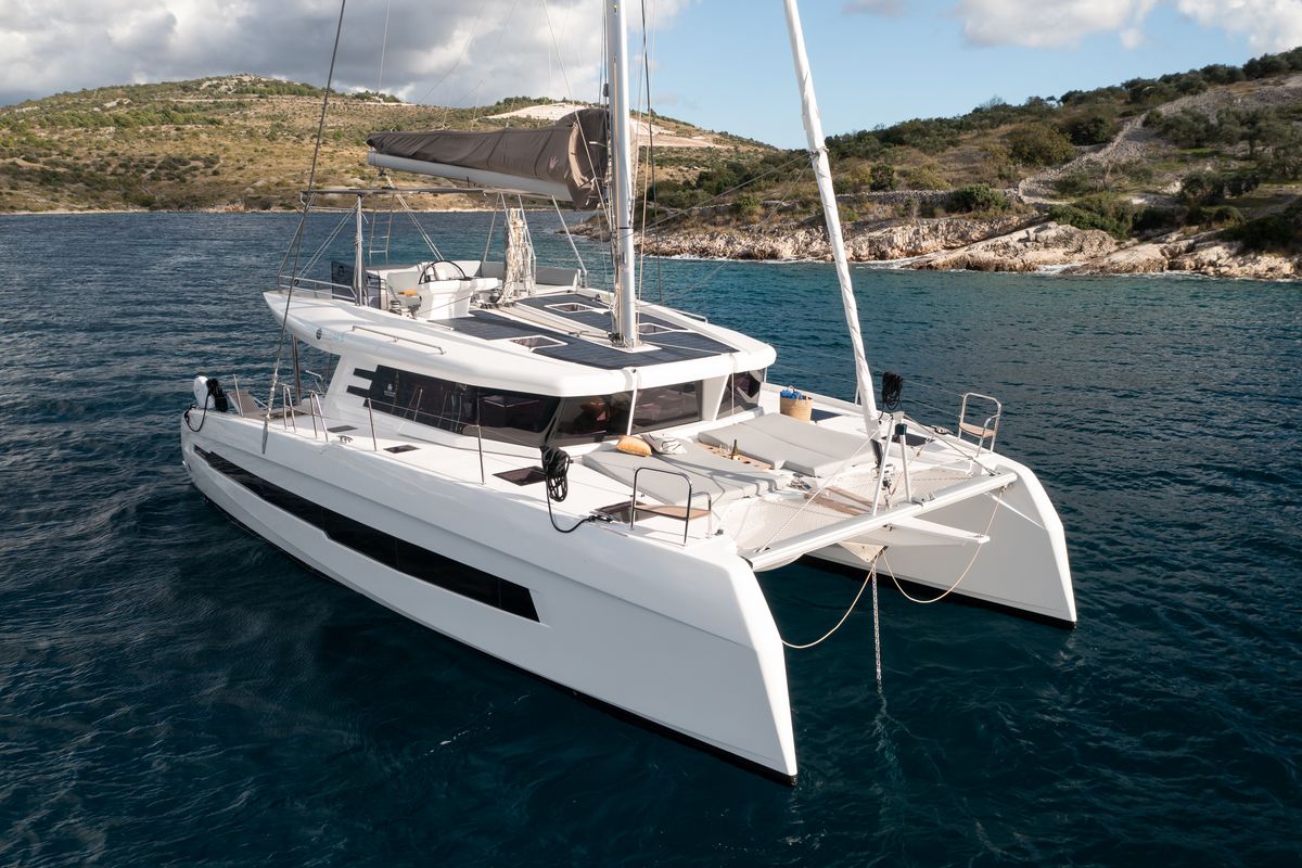 Exterior view of Dudu, a Cervetti 44 catamaran at Rodi Garganico, Italy