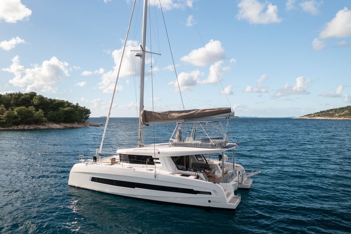 Exterior view of Dudu, a Cervetti 44 catamaran at Rodi Garganico, Italy