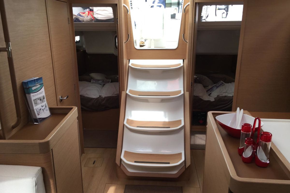 Salon of Celine, a Jeanneau Sun Odyssey 440 sailboat at Gouvia, Greece