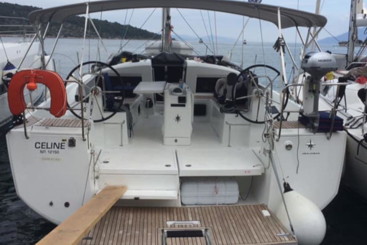 Exterior view of Celine, a Jeanneau Sun Odyssey 440 sailboat at Gouvia, Greece