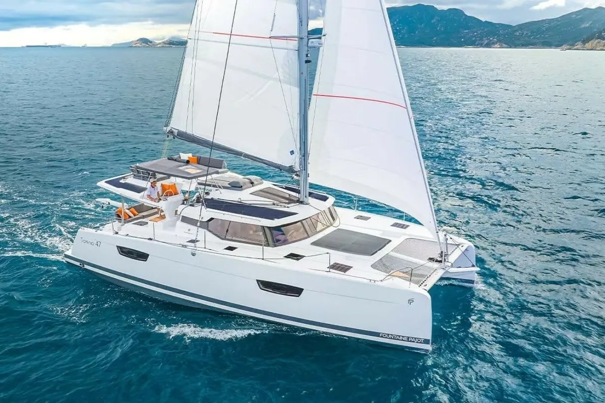Premium +, a Fountaine Pajot Tanna 47 catamaran at Ribishi, Saint Vincent and the Grenadines