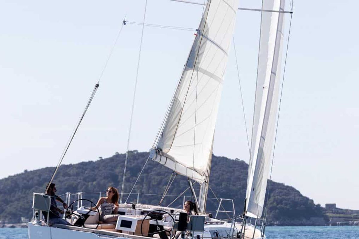 Exterior view of Mitoalla, a Dufour 390 sailboat at es Jonquet, Spain