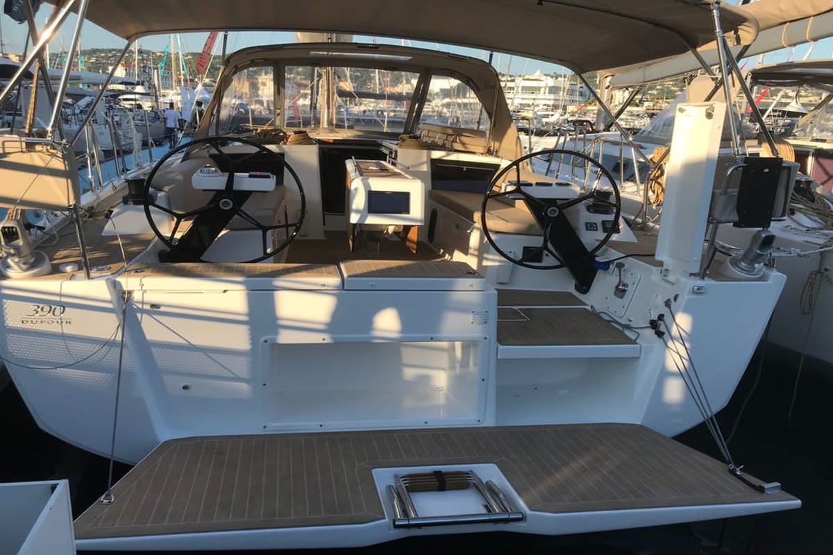 Cockpit of Mitoalla, a Dufour 390 sailboat at es Jonquet, Spain