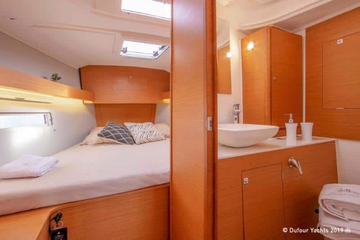 Cabin on Mitoalla, a Dufour 390 sailboat at es Jonquet, Spain
