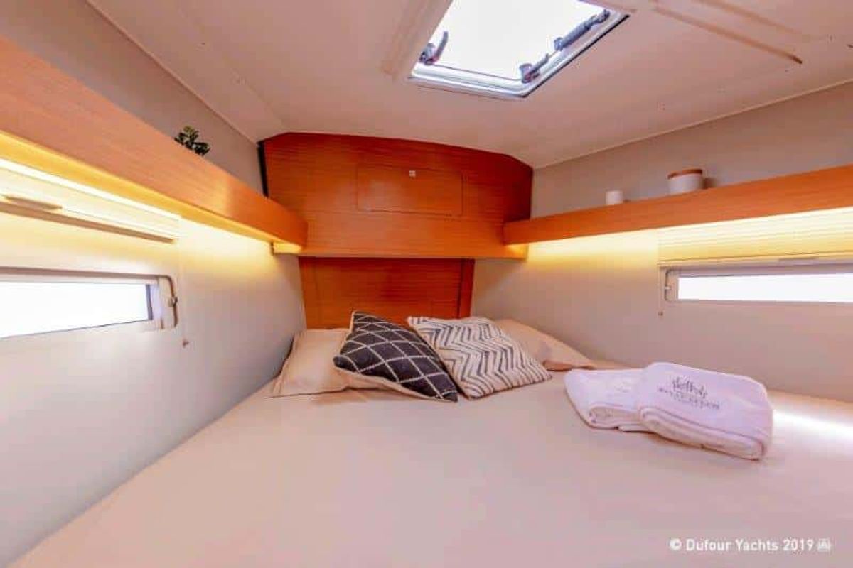 Cabin on Mitoalla, a Dufour 390 sailboat at es Jonquet, Spain