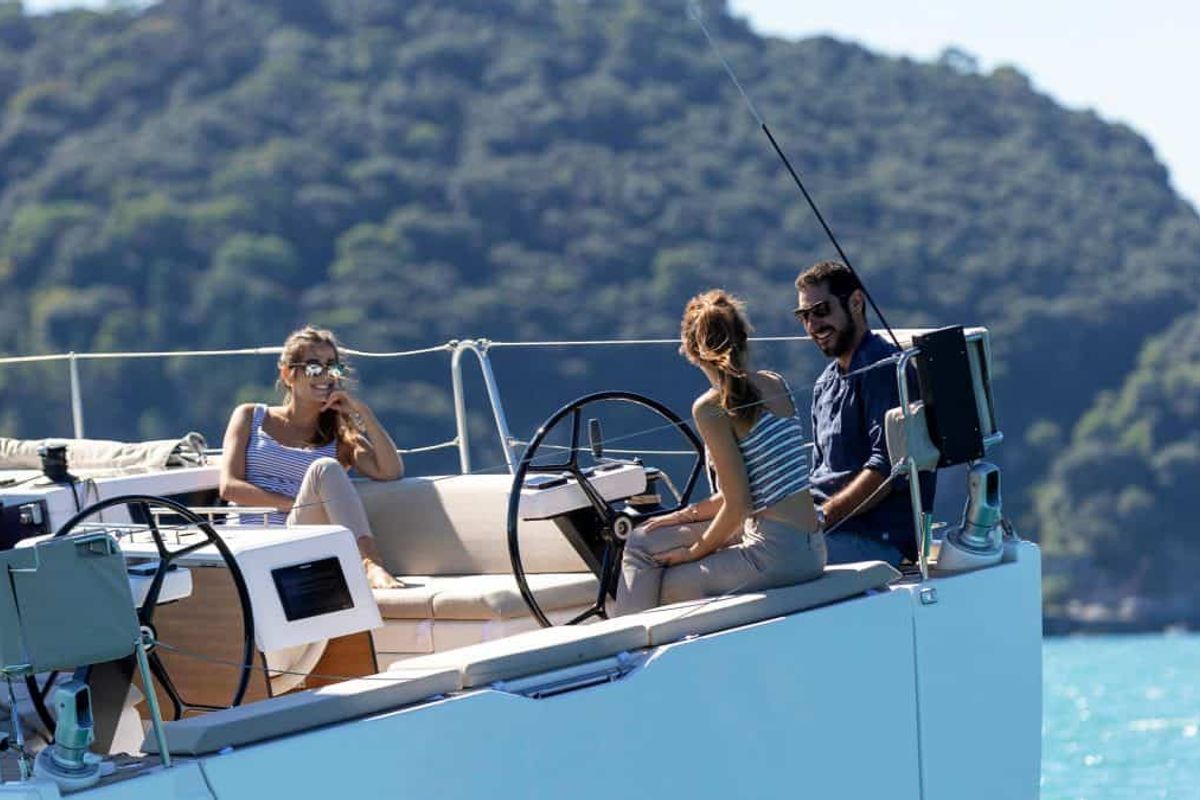 Cockpit of Mitoalla, a Dufour 390 sailboat at es Jonquet, Spain