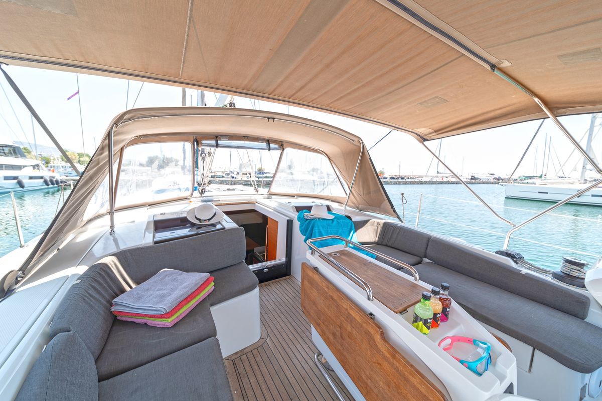 Deck of Kiveli, a Hanse Yachts Hanse 458 sailboat at Gouvia, Greece