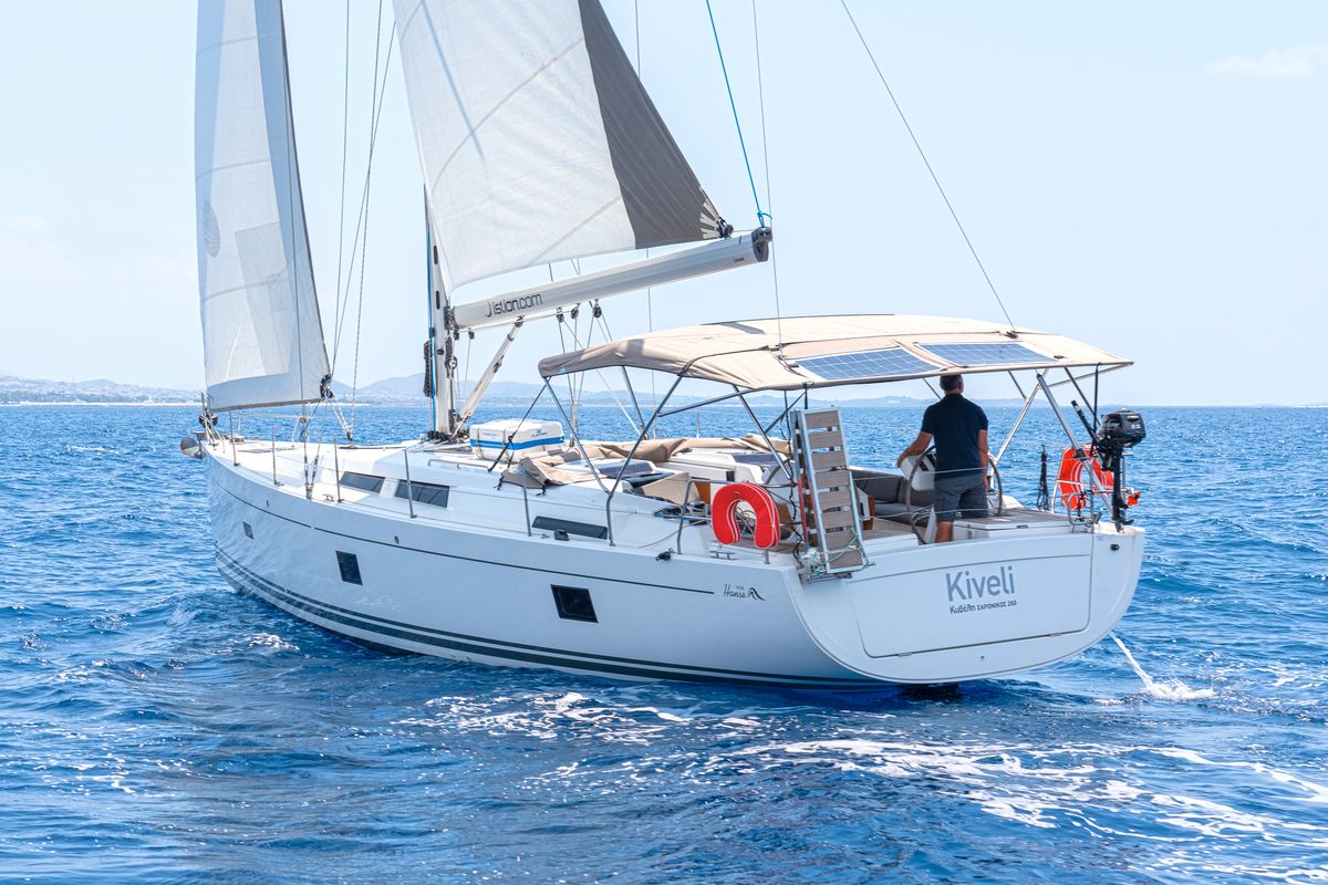 Exterior view of Kiveli, a Hanse Yachts Hanse 458 sailboat at Gouvia, Greece