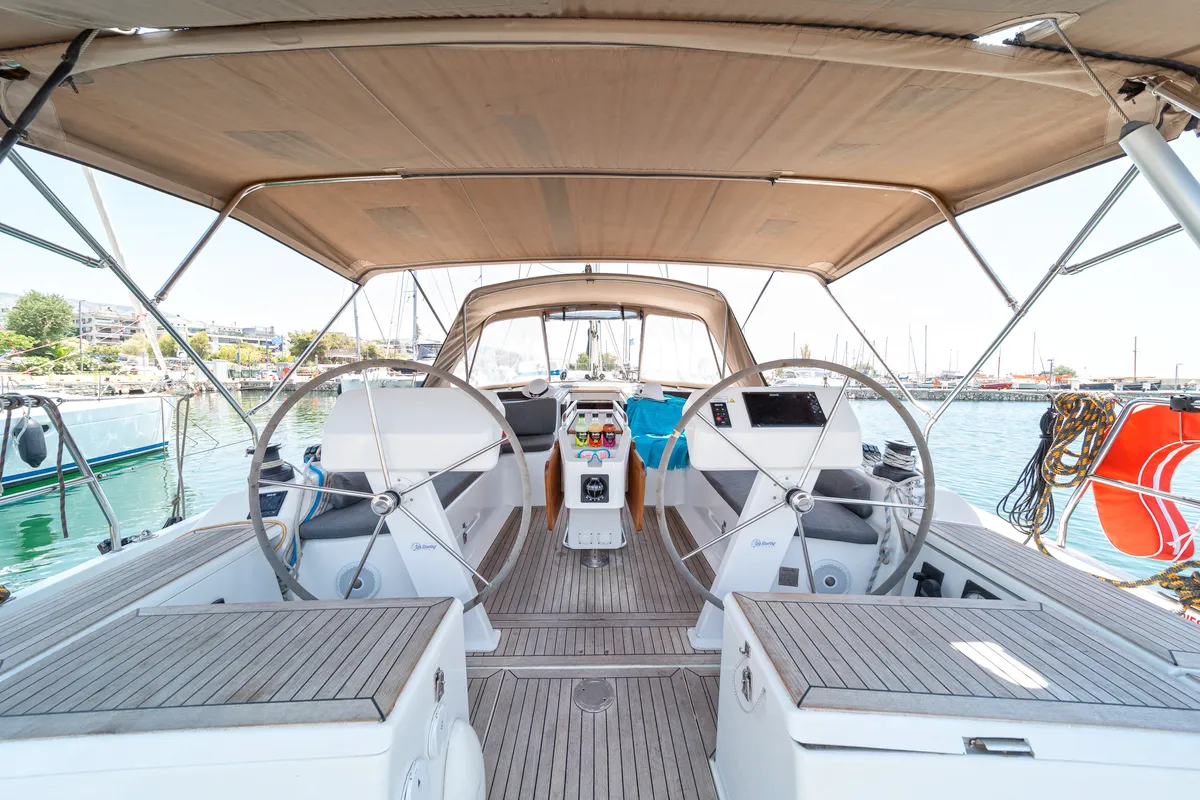 Cockpit of Kiveli, a Hanse Yachts Hanse 458 sailboat at Gouvia, Greece