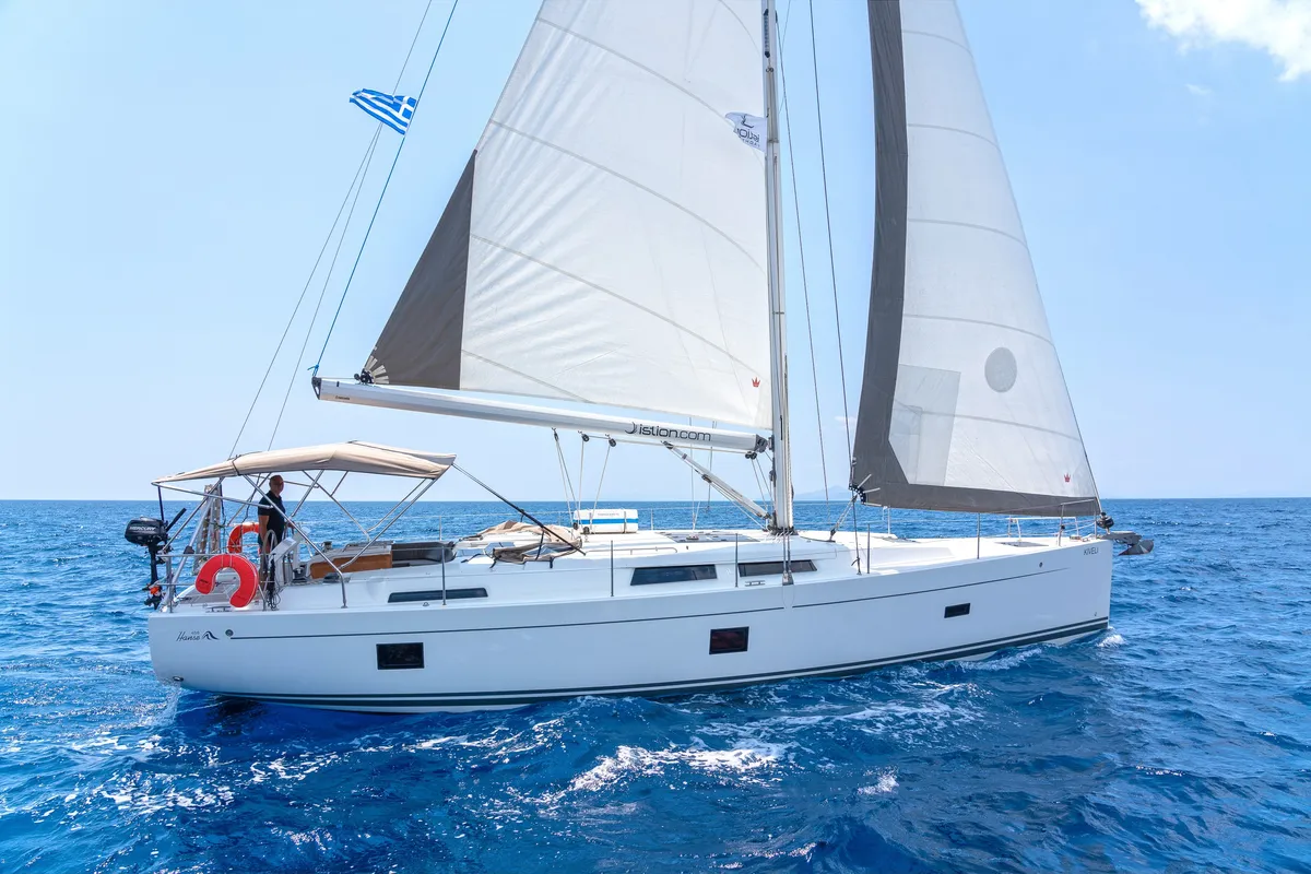 Exterior view of Kiveli, a Hanse Yachts Hanse 458 sailboat at Gouvia, Greece