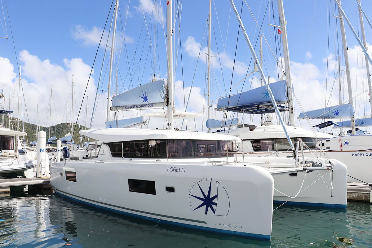 Exterior view of Lorelei, a Lagoon 42 catamaran at Road Town, British Virgin Islands