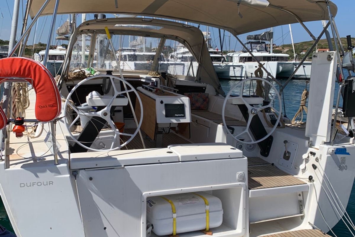 Cockpit of R2D2, a Dufour 390 GL sailboat at Municipal Unit of Rhodes, Greece