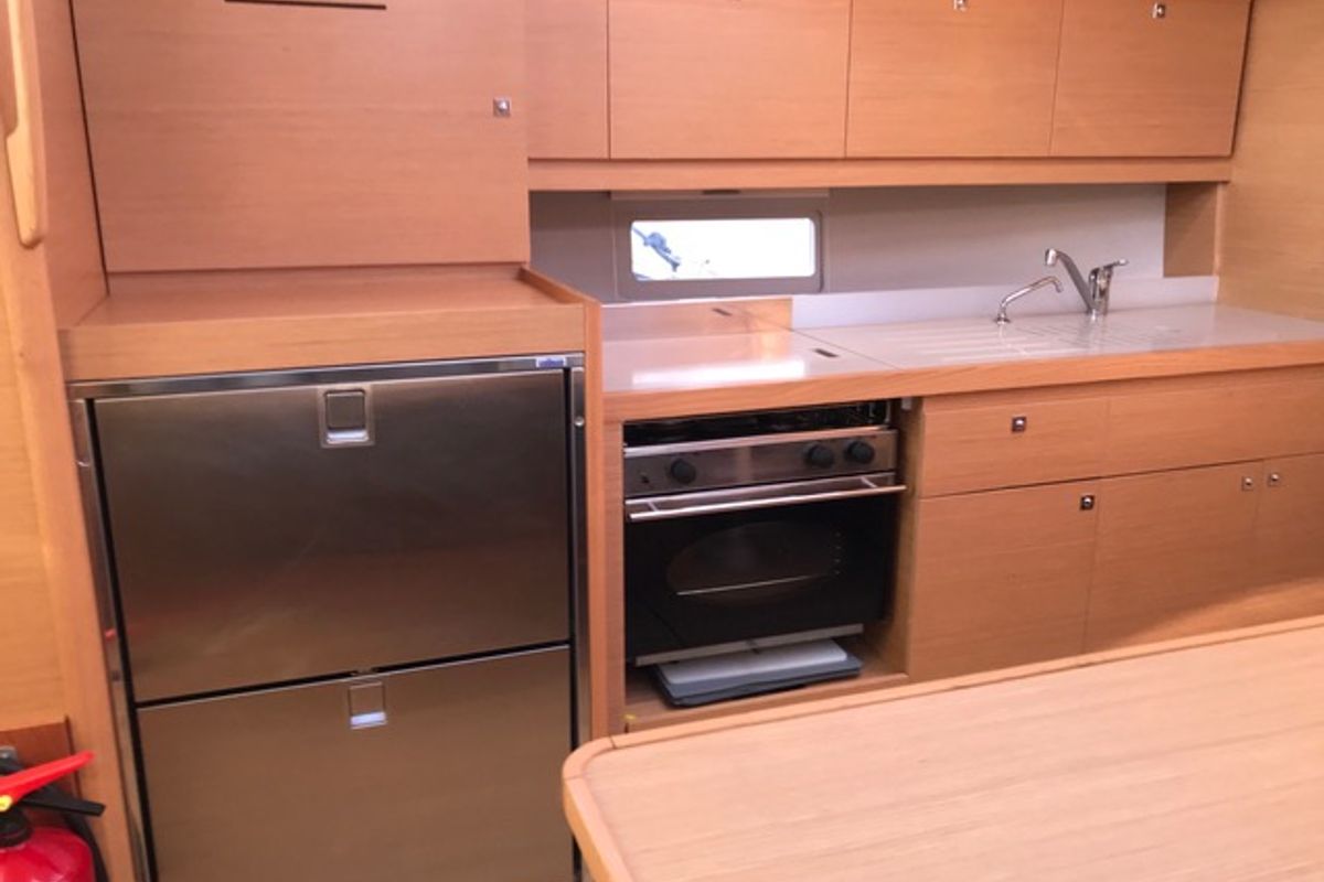 Galley of R2D2, a Dufour 390 GL sailboat at Municipal Unit of Rhodes, Greece