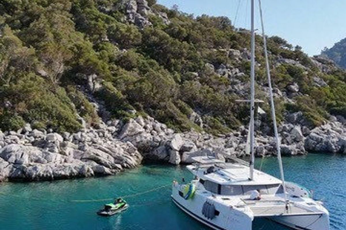 Exterior view of Sirius 1, a Fountaine Pajot Astréa 42 catamaran at Marmaris, Turkey