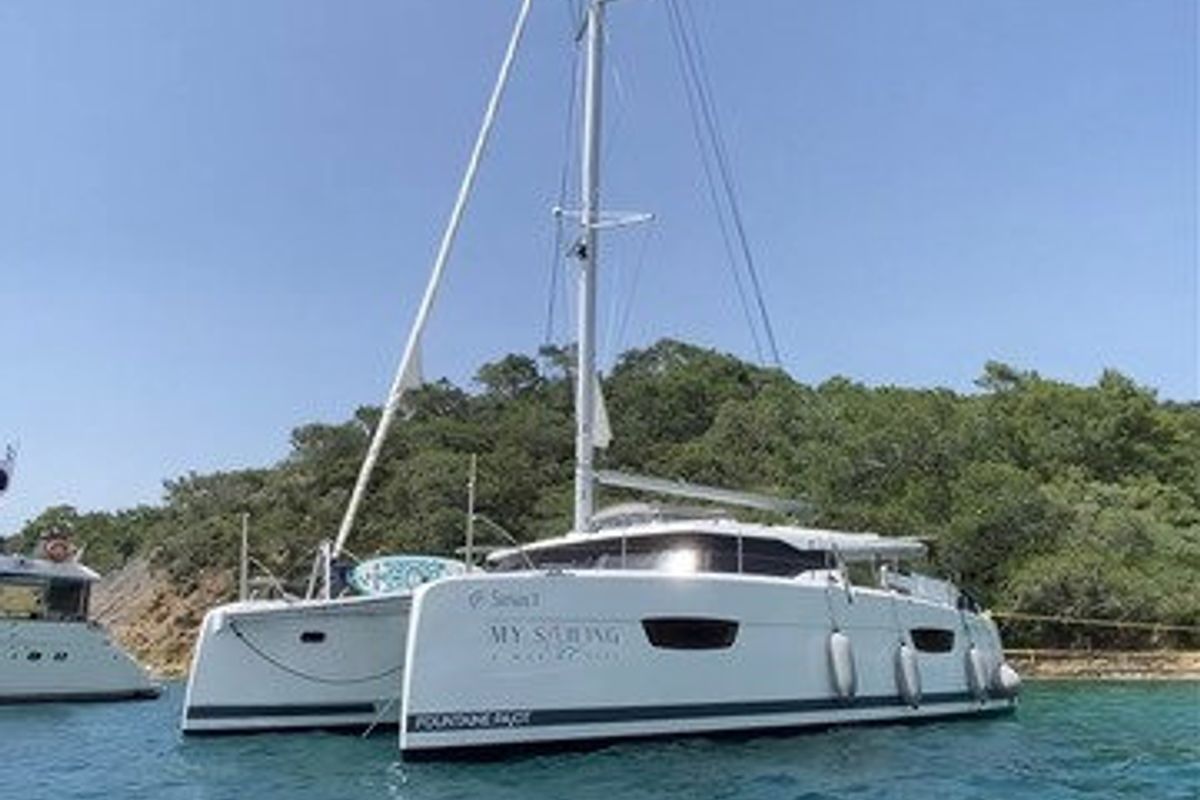 Exterior view of Sirius 1, a Fountaine Pajot Astréa 42 catamaran at Marmaris, Turkey