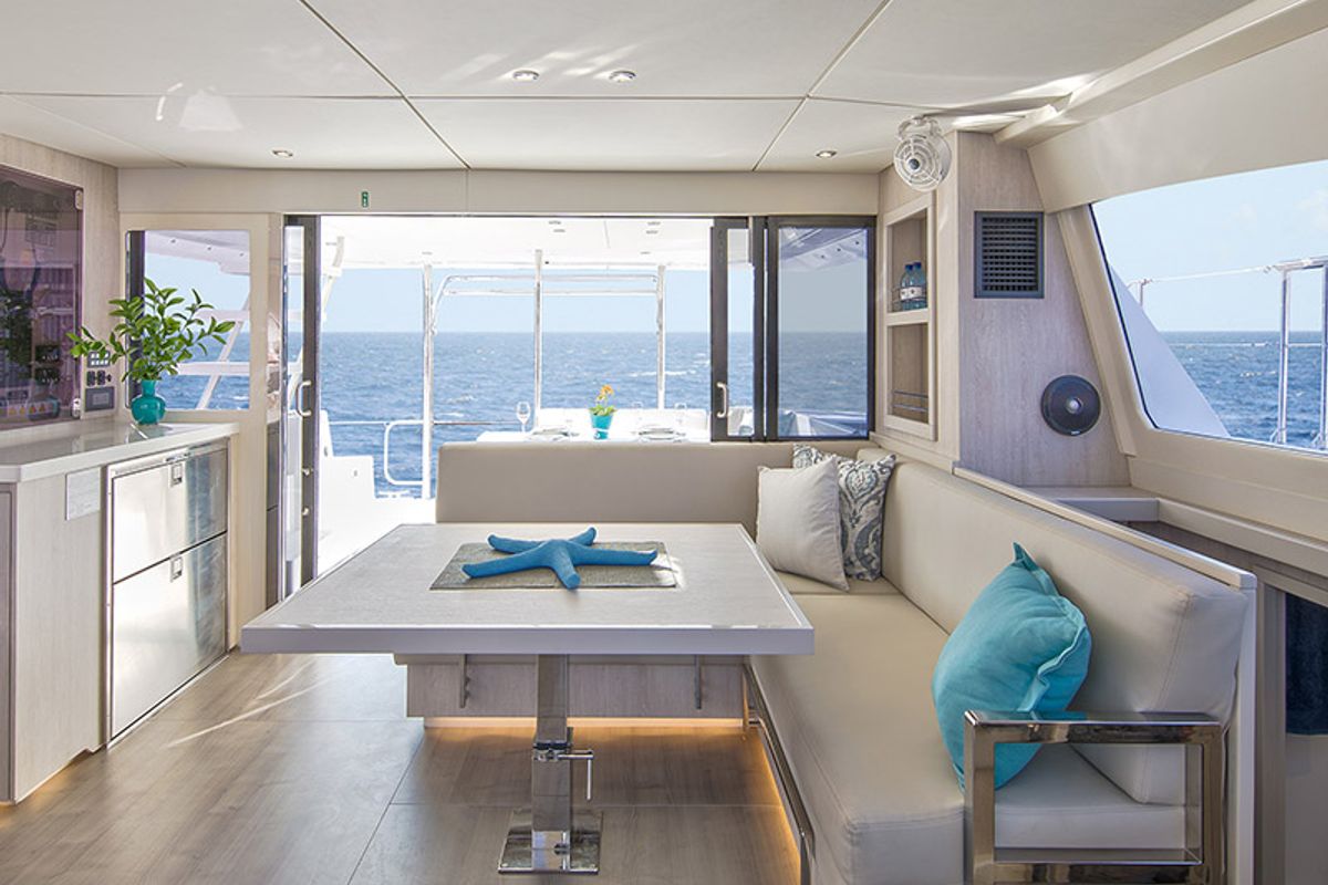 Salon of Moorings 433 PC Club, a Leopard 43 PC catamaran at Općina Marina, Croatia