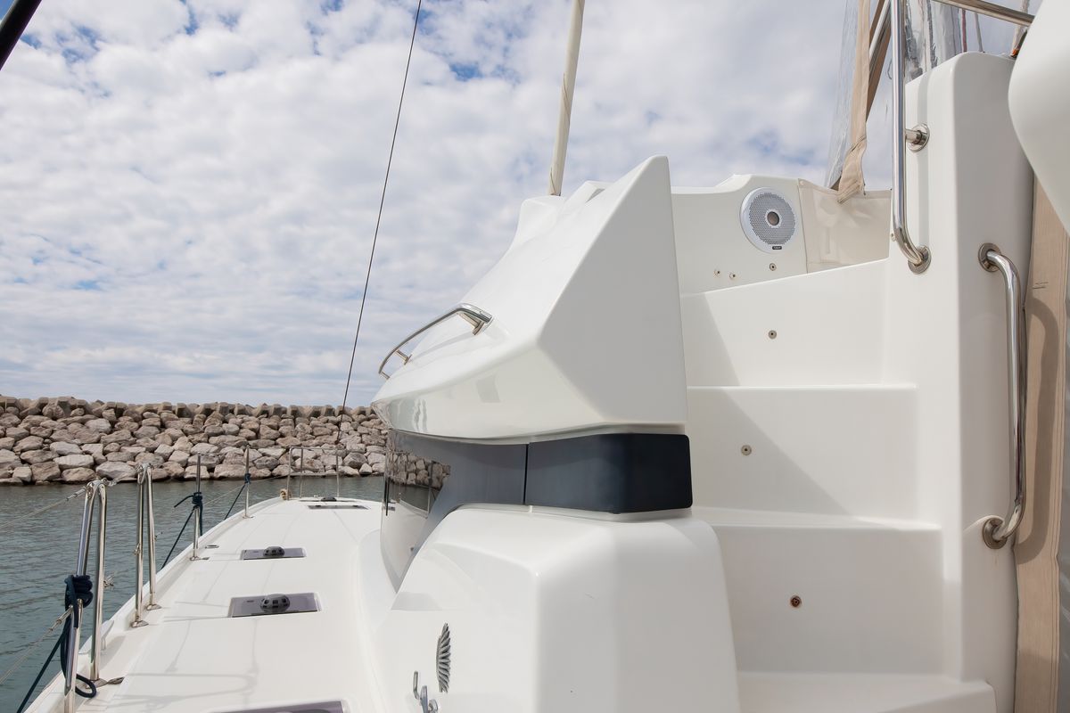 Exterior view of Finocchietto, a Lagoon 50 catamaran at Salerno, Italy