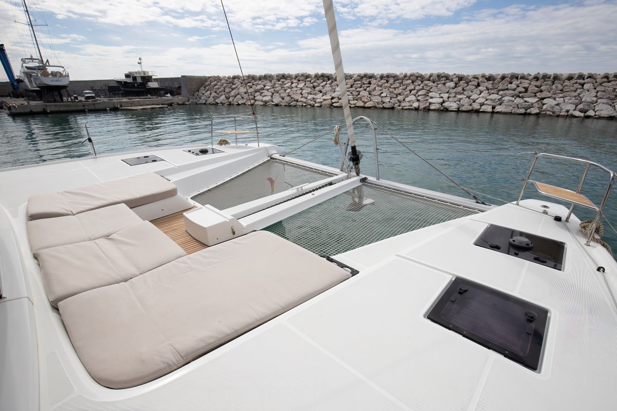 Deck of Finocchietto, a Lagoon 50 catamaran at Salerno, Italy