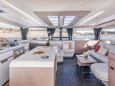 Salon of ALTHEA, a Fountaine Pajot Aura 51 catamaran at Municipality of Kalamata, Greece