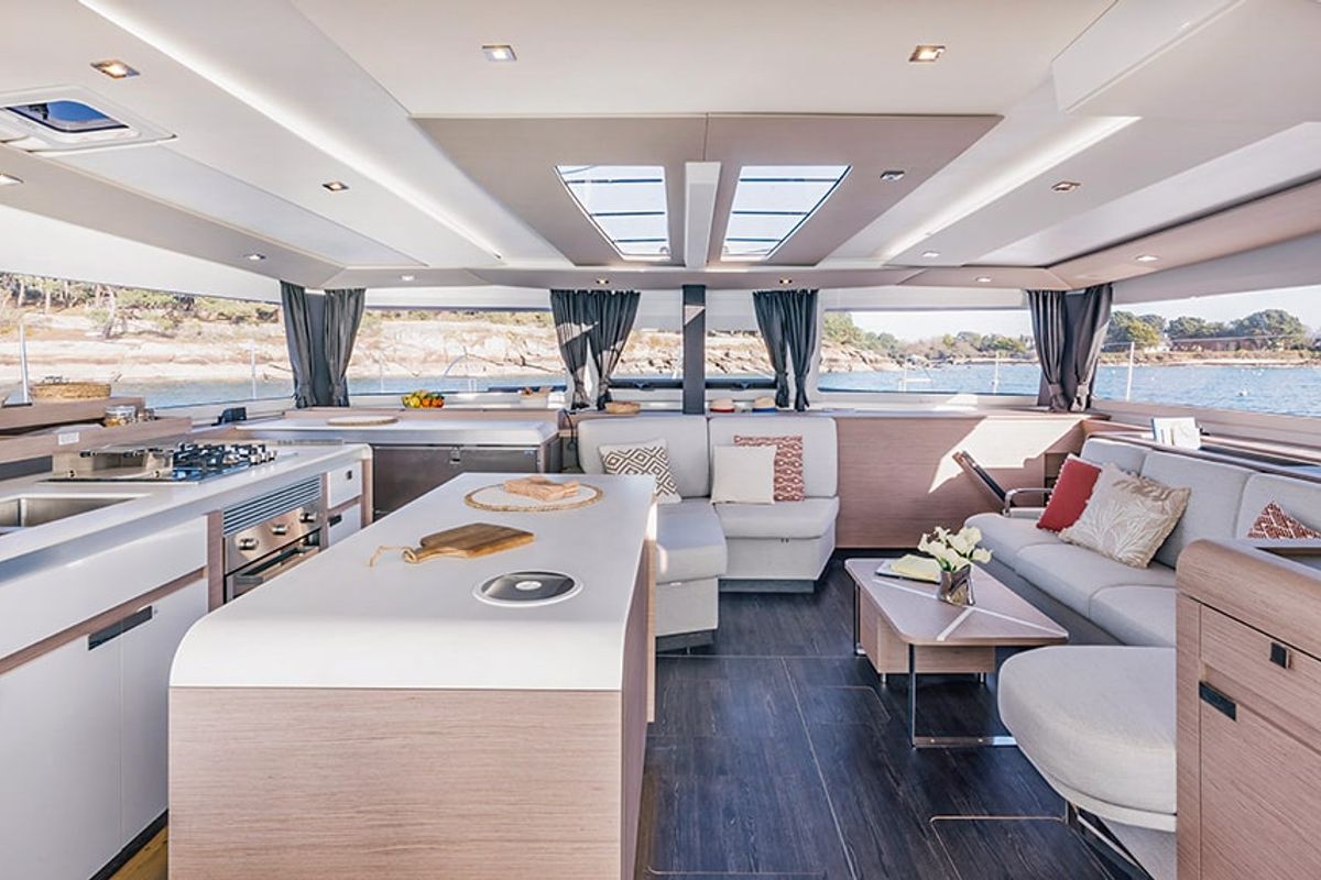 Salon of ALTHEA, a Fountaine Pajot Aura 51 catamaran at Municipality of Kalamata, Greece