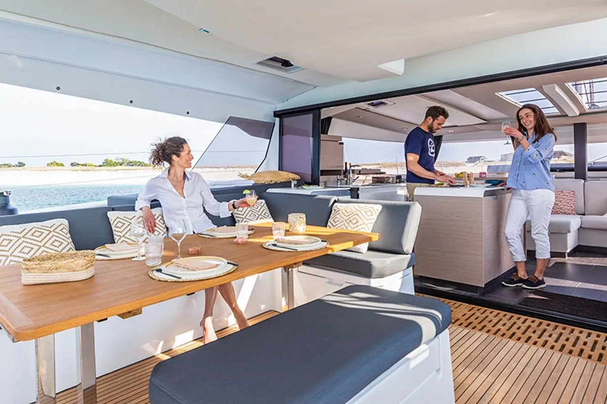 Deck of ALTHEA, a Fountaine Pajot Aura 51 catamaran at Municipality of Kalamata, Greece