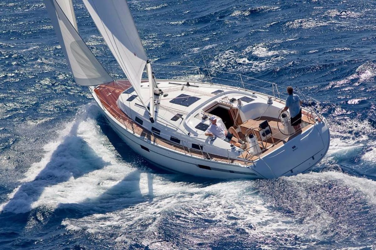 Exterior view of Isabelli, a Bavaria Cruiser 40 sailboat at Kontokali, Greece