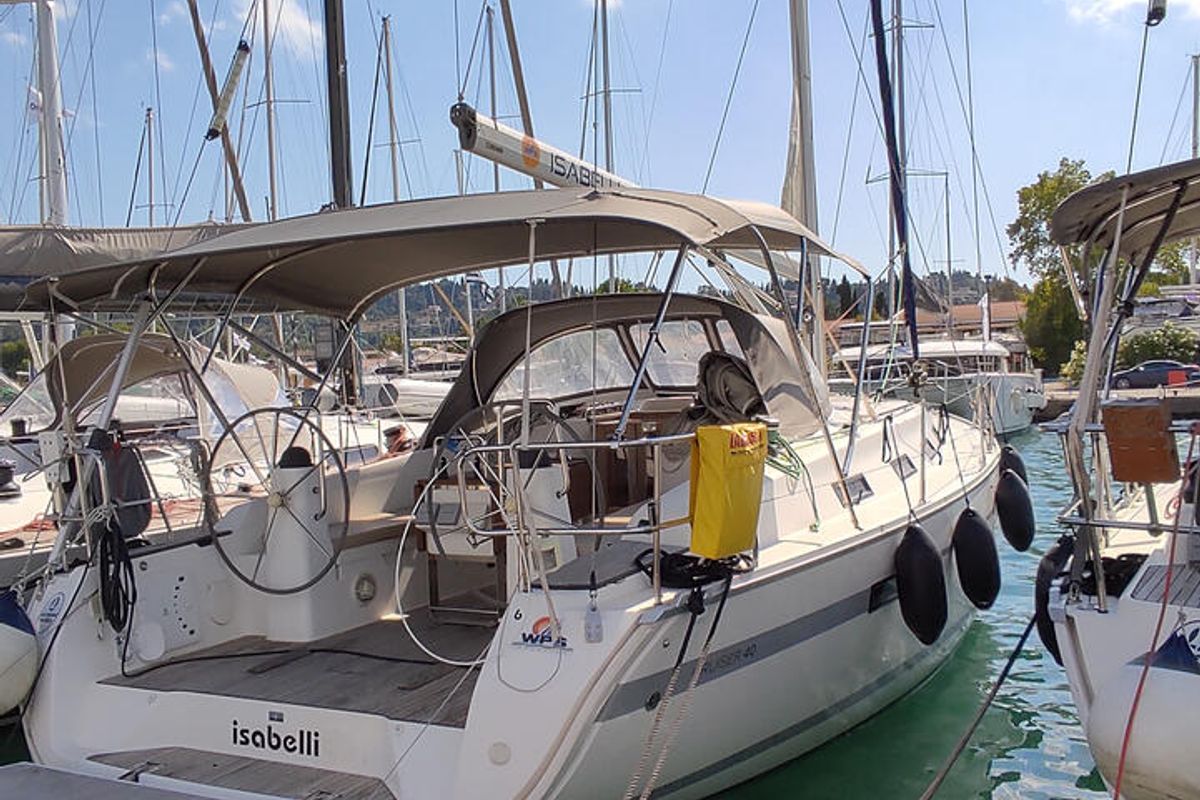 Deck of Isabelli, a Bavaria Cruiser 40 sailboat at Kontokali, Greece