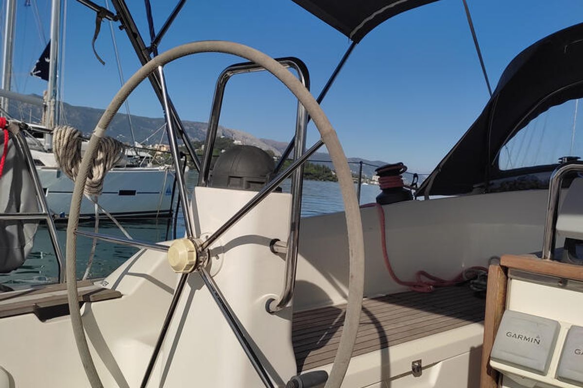 Cockpit of Isabelli, a Bavaria Cruiser 40 sailboat at Kontokali, Greece
