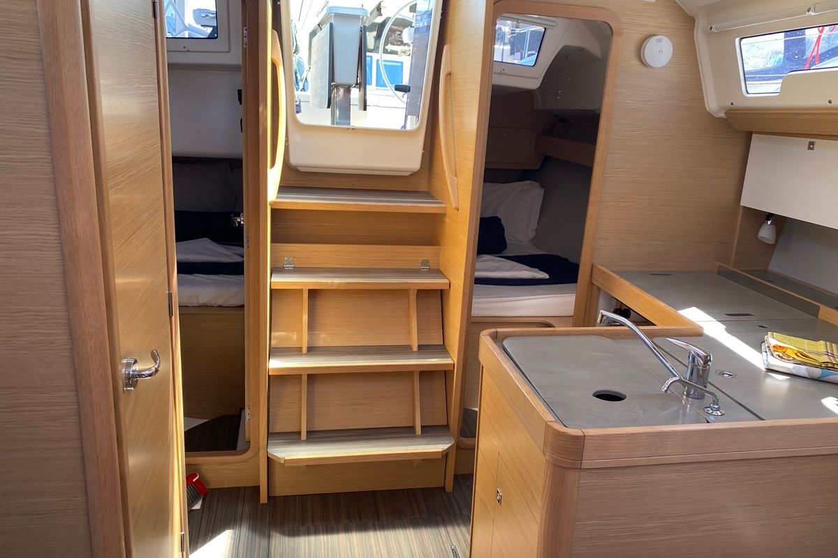 Salon of Volpetta, a Dufour 360 Grand Large sailboat at Olbia, Italy