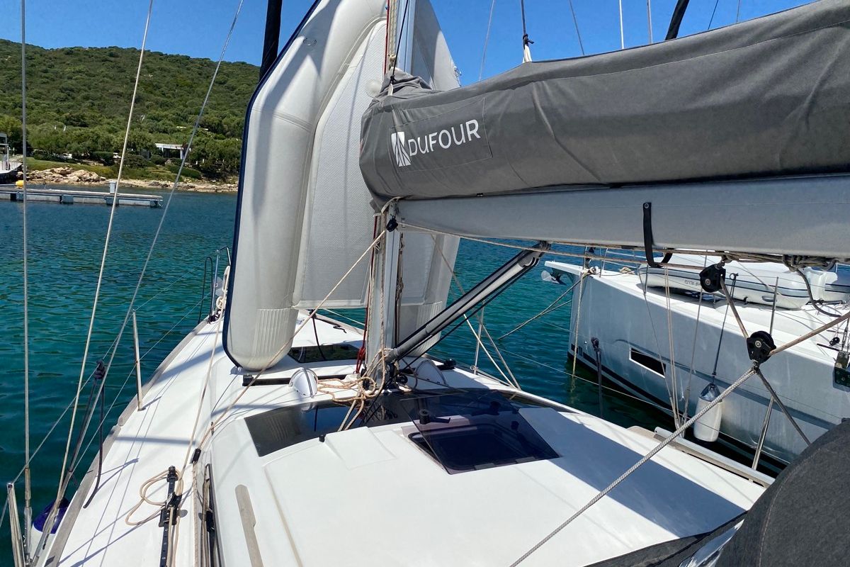 Deck of Volpetta, a Dufour 360 Grand Large sailboat at Olbia, Italy