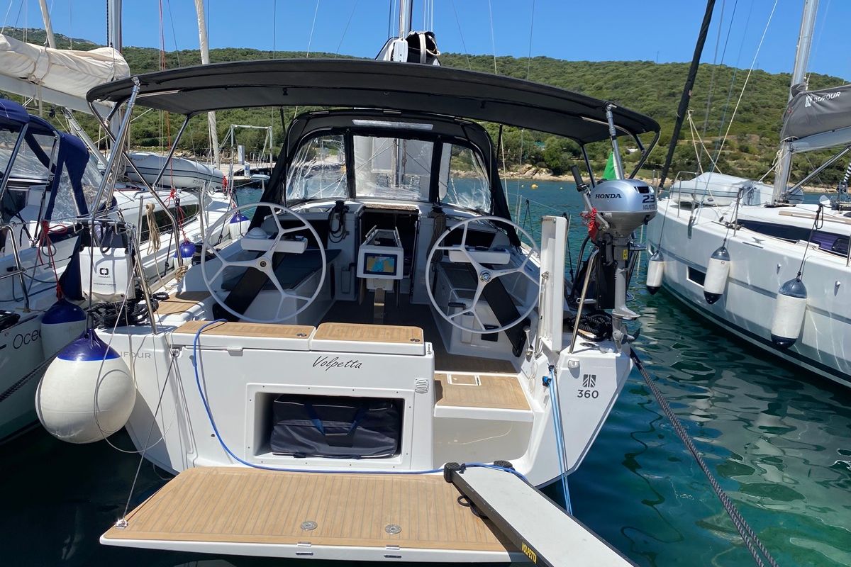Exterior view of Volpetta, a Dufour 360 Grand Large sailboat at Olbia, Italy