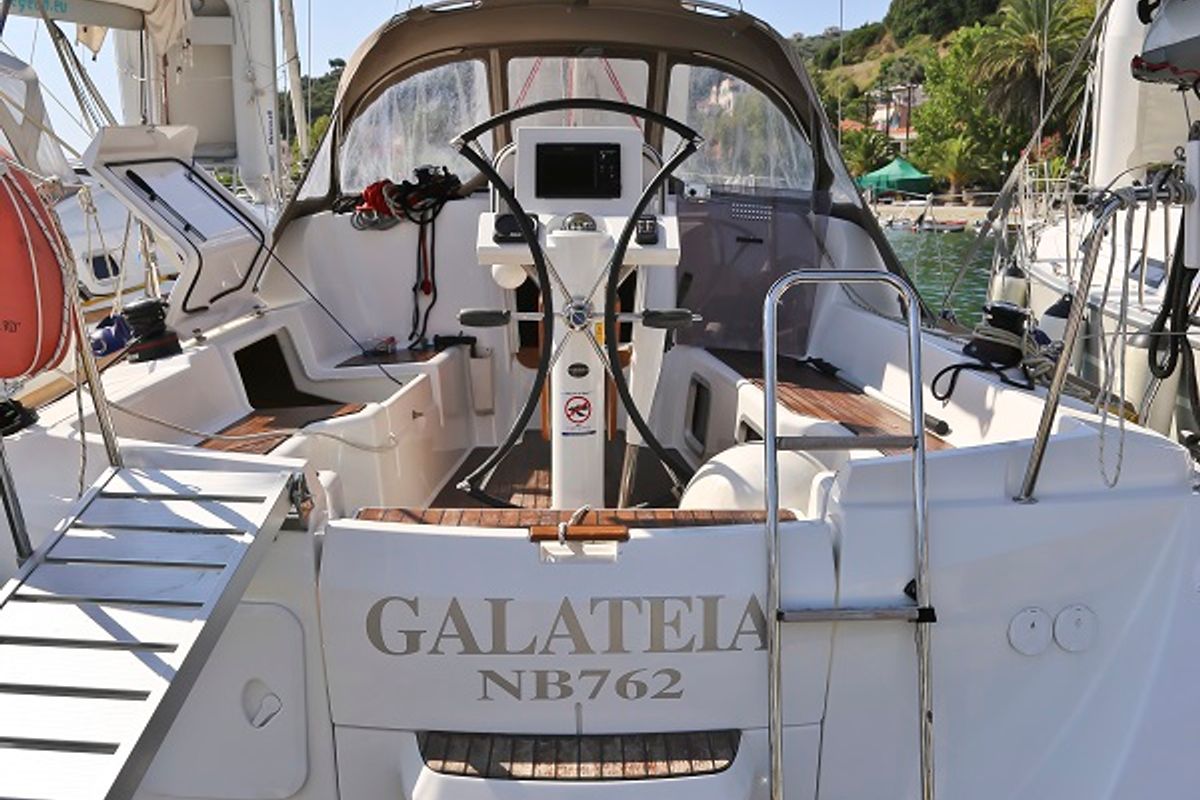 Cockpit of Galateia, a Jeanneau Sun Odyssey 33i sailboat at Loutraki, Greece