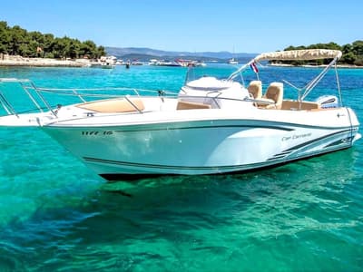 Exterior view of Cap Camarat, a Jeanneau Cap Camarat 7.5 CC motorboat at Grad Trogir, Croatia
