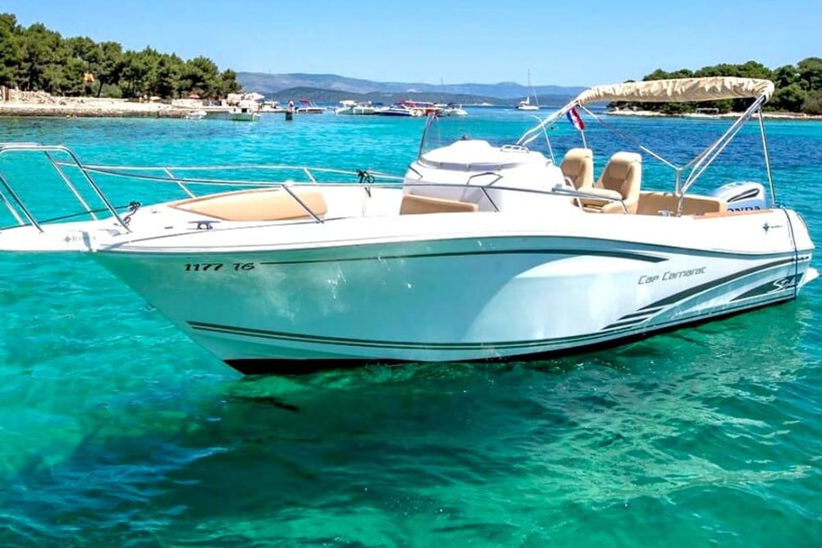 Exterior view of Cap Camarat, a Jeanneau Cap Camarat 7.5 CC motorboat at Grad Trogir, Croatia
