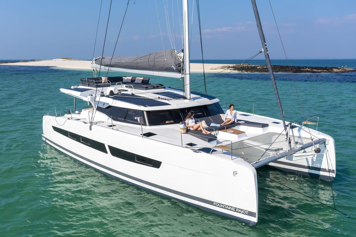Exterior view of Dédé, a Fountaine Pajot Aura 51 catamaran at Hyères, France