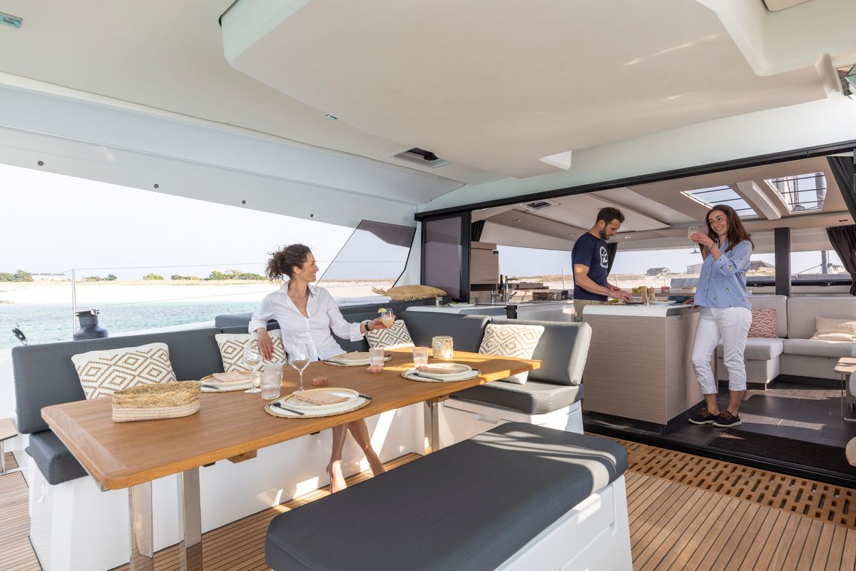 Deck of Dédé, a Fountaine Pajot Aura 51 catamaran at Hyères, France