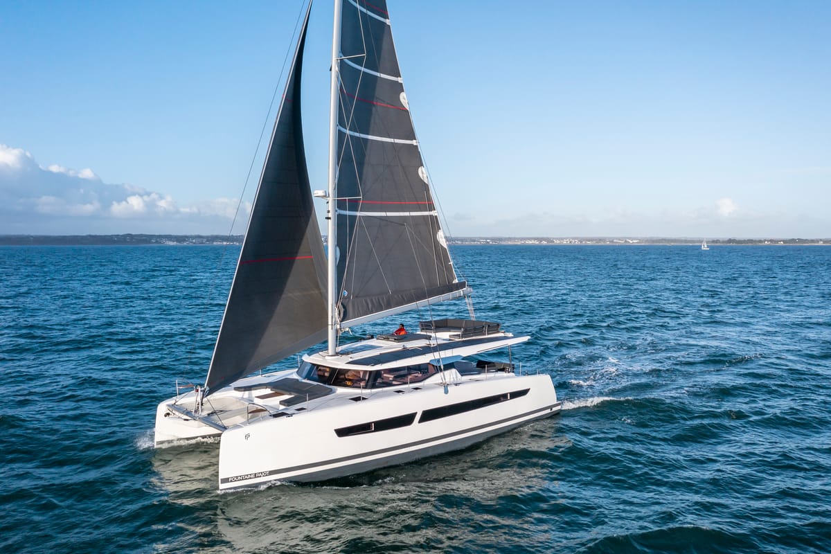 Exterior view of Dédé, a Fountaine Pajot Aura 51 catamaran at Hyères, France