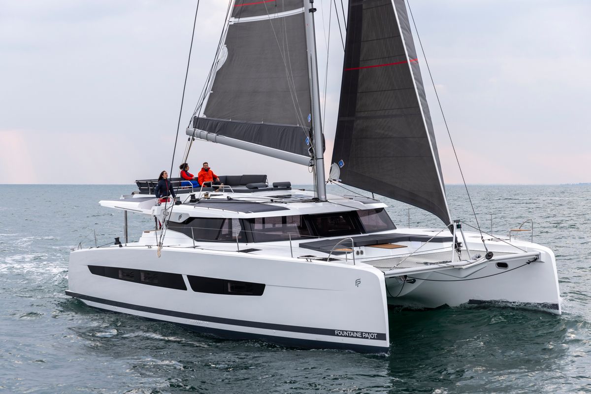 Exterior view of Dédé, a Fountaine Pajot Aura 51 catamaran at Hyères, France
