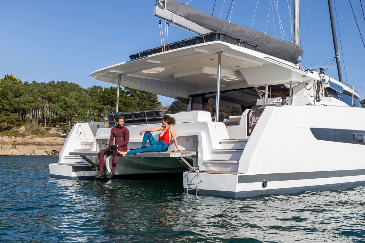 Exterior view of Dédé, a Fountaine Pajot Aura 51 catamaran at Hyères, France