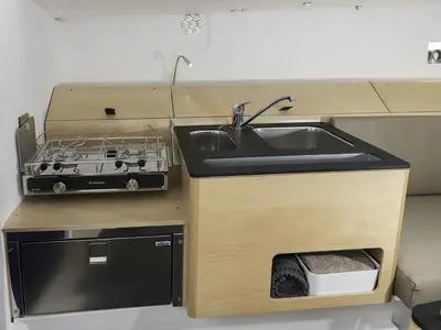 Galley of MA AUVA, a Pogo Structures Pogo 30 sailboat at La Trinité-sur-Mer, France