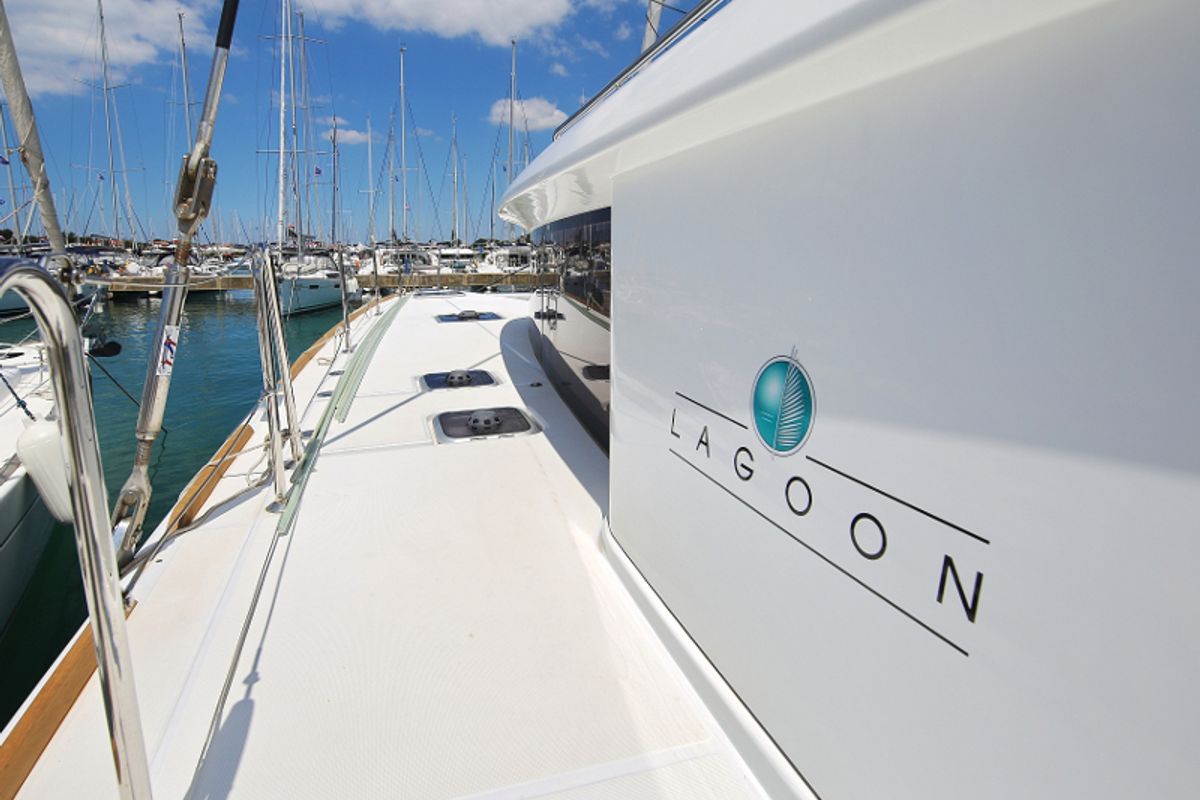 Exterior view of Mantra, a Lagoon 450 F catamaran at Pirovac, Croatia